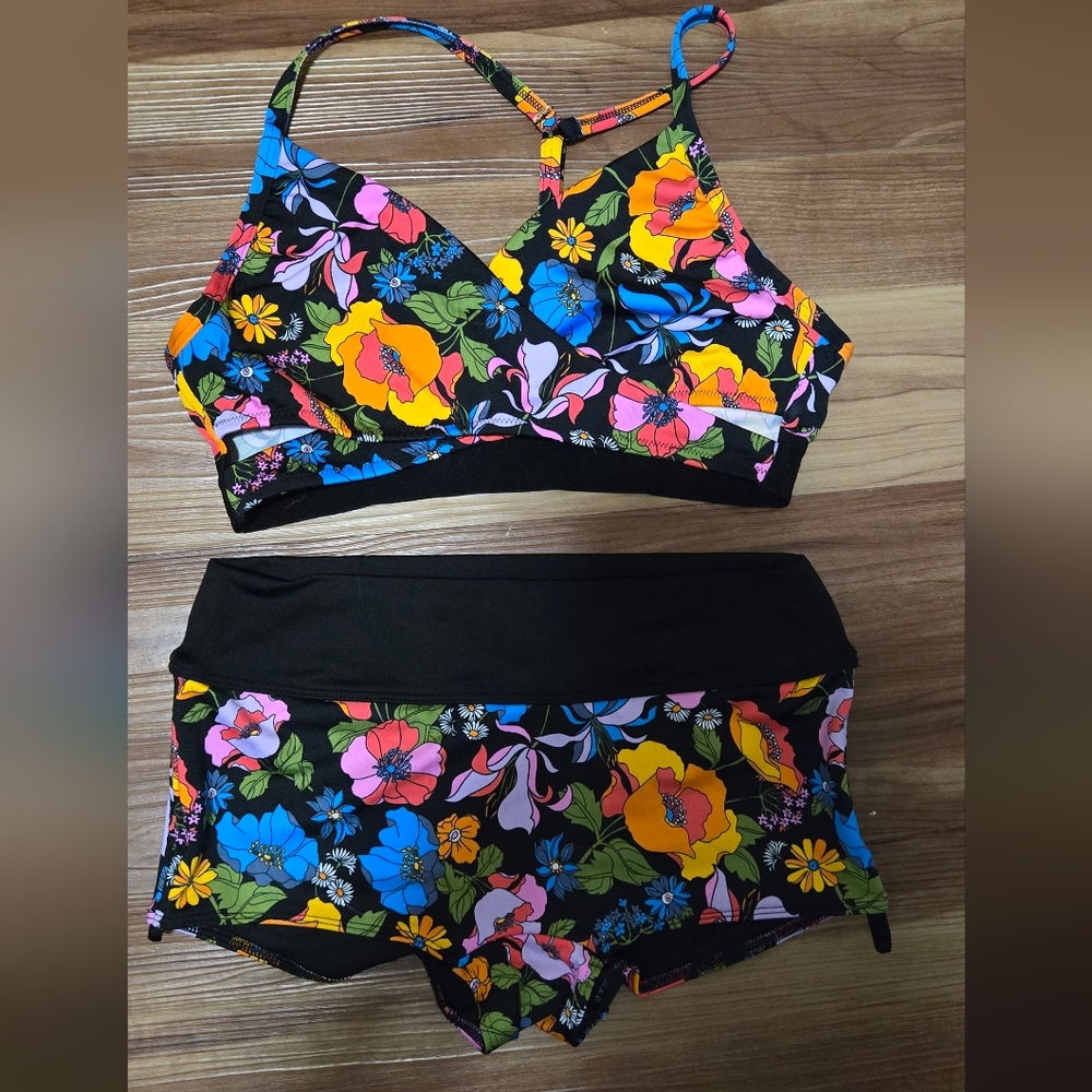 PINK Victoria's Secret Black Floral Bikini Set with Bright Multicolor Flowers